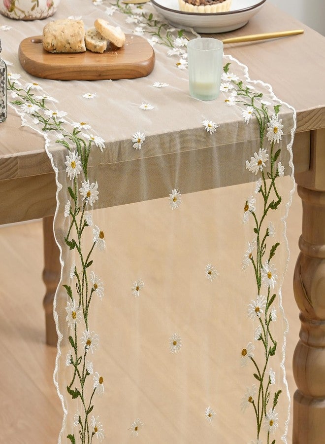 Artoid Mode Daisy Floral Beige Apricot Shaped Gauze Embroidery Table Runner 120 Inch 10FT, Tulle Spring Summer Kitchen Dining Table Decor for Home Party - Image 1