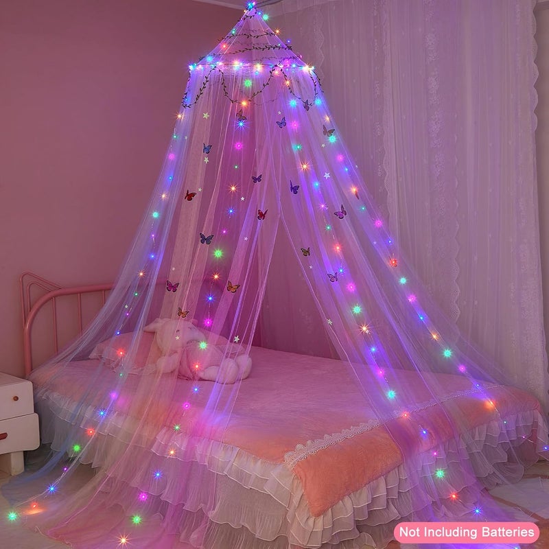 FIOBEE Bed Canopy for Girls Room Bed Canopy Curtains with Led Lights Mosquito Net DIY Princess Room Décor with Stars Butterflies for Kids Bedroom, Multi-Color - Image 2