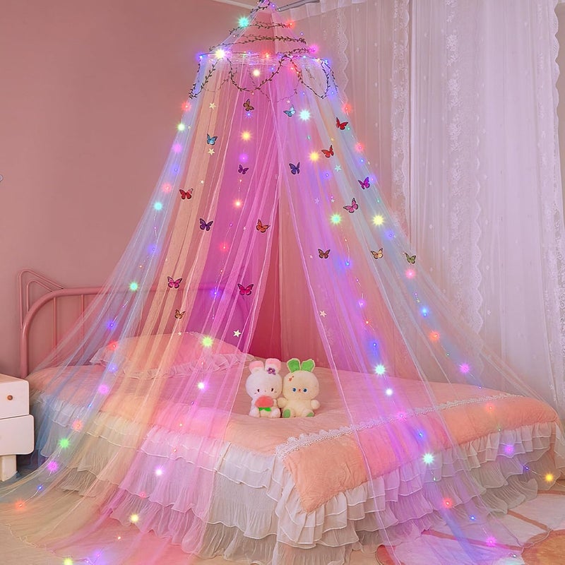 FIOBEE Bed Canopy for Girls Room Bed Canopy Curtains with Led Lights Mosquito Net DIY Princess Room Décor with Stars Butterflies for Kids Bedroom, Multi-Color - Image 1