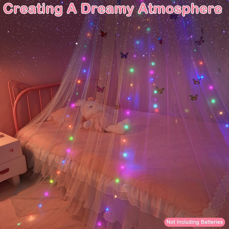 FIOBEE Bed Canopy for Girls Room Bed Canopy Curtains with Led Lights Mosquito Net DIY Princess Room Décor with Stars Butterflies for Kids Bedroom, Multi-Color - Image 3