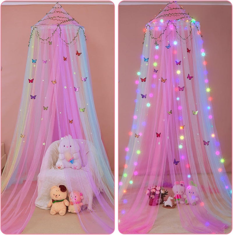 FIOBEE Bed Canopy for Girls Room Bed Canopy Curtains with Led Lights Mosquito Net DIY Princess Room Décor with Stars Butterflies for Kids Bedroom, Multi-Color - Image 4