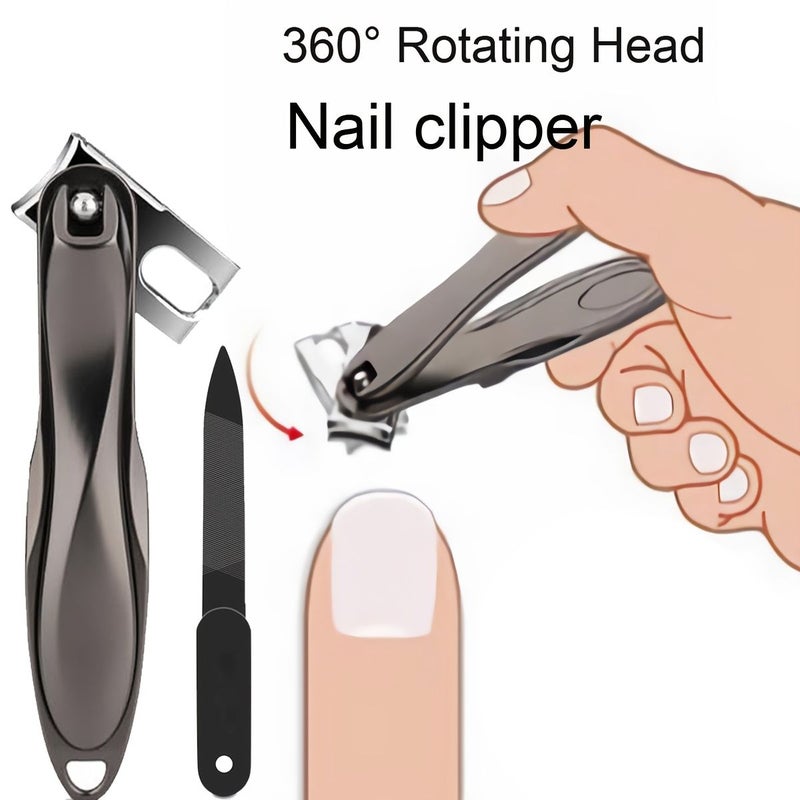 مقص أظافر دوار بزاوية 360 درجة من الفولاذ المقاوم للصدأ باللون الأسود مع مبرد ومقبض كبير - Image 1