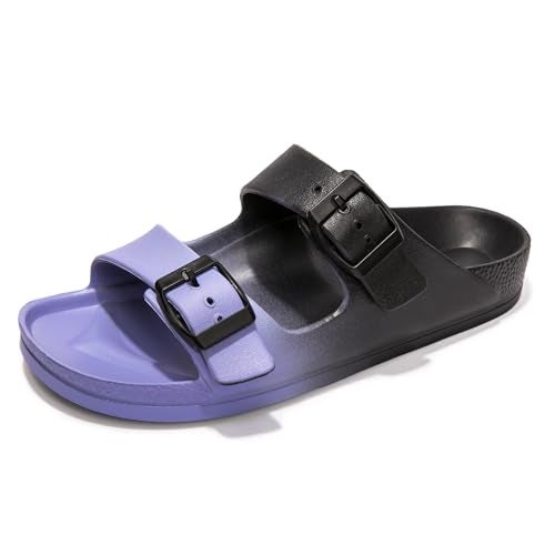 FUNKYMONKEY Women's Comfort Slides Double Buckle Adjustable EVA Flat Sandals (6 M US, Black/Purple) - Image 1