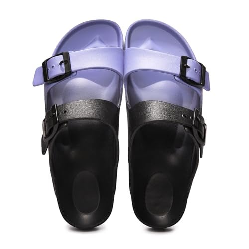 FUNKYMONKEY Women's Comfort Slides Double Buckle Adjustable EVA Flat Sandals (6 M US, Black/Purple) - Image 4