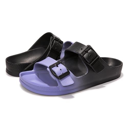 FUNKYMONKEY Women's Comfort Slides Double Buckle Adjustable EVA Flat Sandals (6 M US, Black/Purple) - Image 5