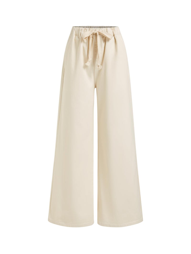 CIDER Drawstring Baggy Wide Leg Jeans for Women High Waisted Pull On Jeans Denim Pants with Pockets Beige - Image 1