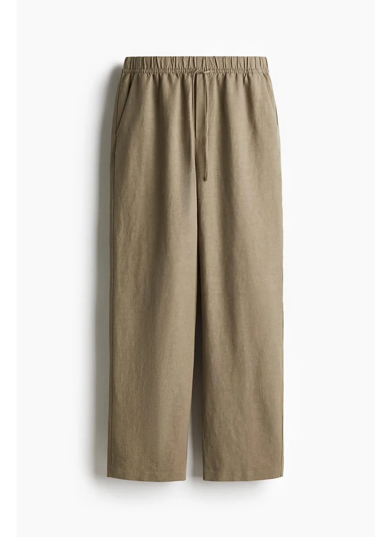 H&M Khaki green Medium Dusty Linen-blend drawstring trousers for Women | Best Price UAE