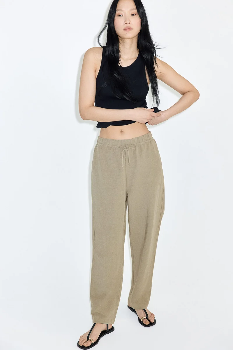 H&M Khaki green Medium Dusty Linen-blend drawstring trousers for Women | Best Price UAE