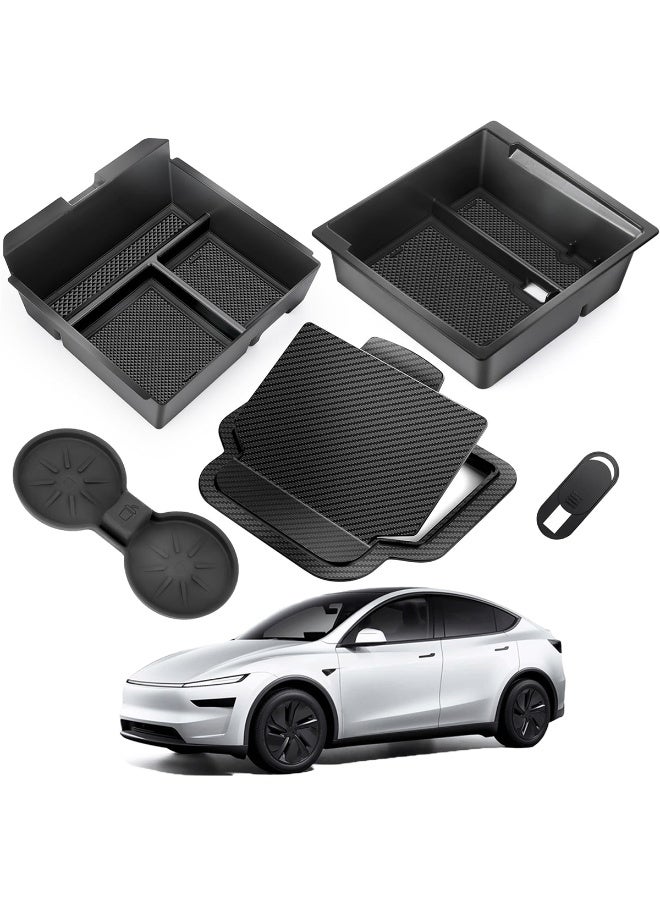 FETUSI 5PCS Center Console Organizer Tray Fit for Tesla Model Y Juniper 2025 & Model 3 Highland 2024–2025 – Armrest Hidden Storage Box, Cup Holder & Drawer Organizer – Tesla Interior Accessories - Image 1