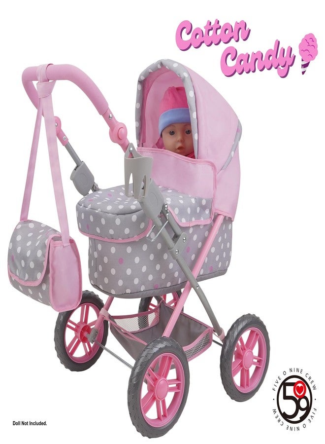 509 Crew: Cotton Candy Pink: Amanda Doll Pram - Pink, Grey, Polka Dot - W/Matching Handbag, Foldable, Removable Bassinet, Kids Pretend Play, Ages 3+ - Image 4