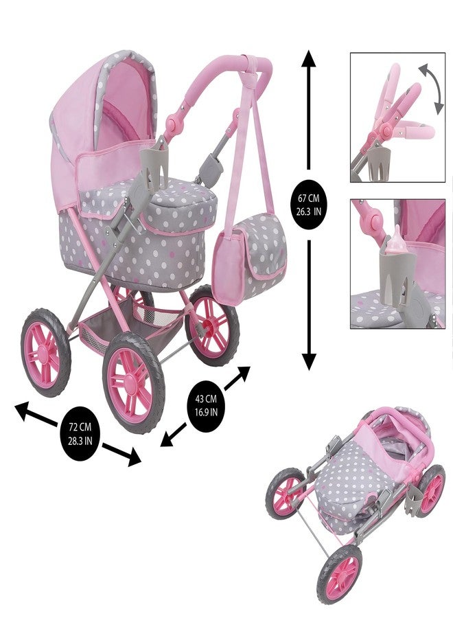 509 Crew: Cotton Candy Pink: Amanda Doll Pram - Pink, Grey, Polka Dot - W/Matching Handbag, Foldable, Removable Bassinet, Kids Pretend Play, Ages 3+ - Image 2