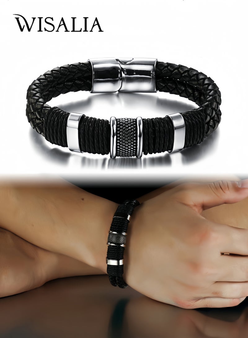 Wisalia Men's Black Leather Bracelet Adjustable Stainless Steel Clasp Minimalist Casual Mens Accessories Gift for Him - Image 1