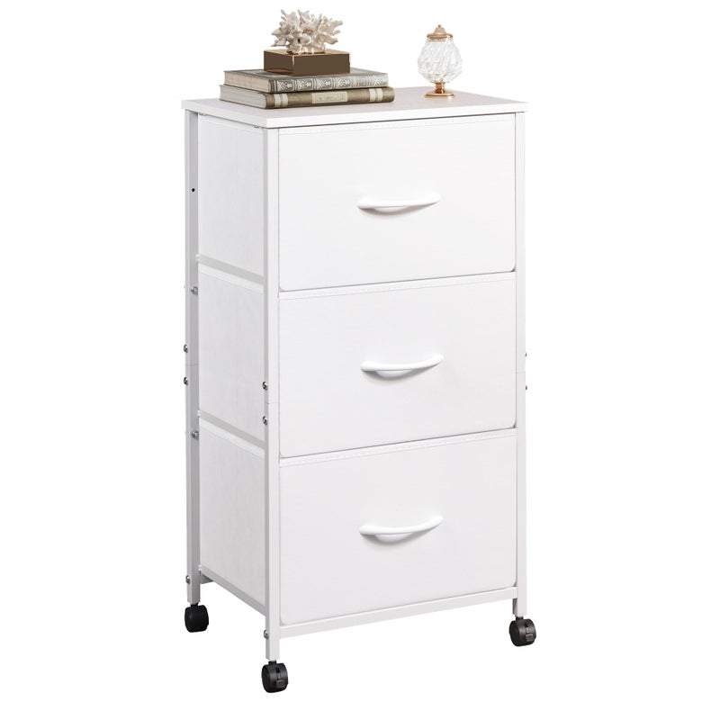 WLIVE Dresser with 3 Drawers Fabric Nightstand Cabinet with Wheels Organizer Storage Dresser for Bedroom Office Entryway Closets Sturdy Steel Frame Wood Top Easy Pull Handle White