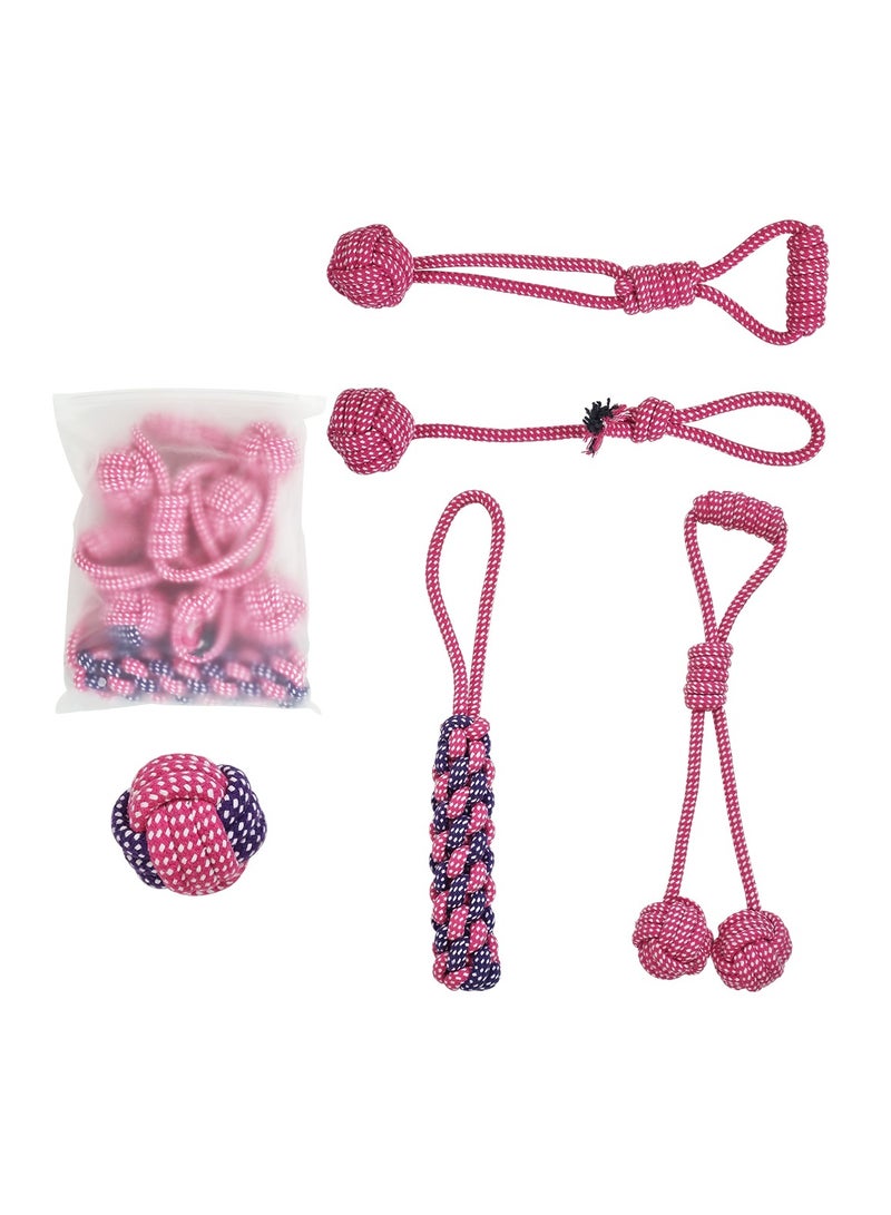 أن ان سي بيتس مجموعة ألعاب الكلاب، 5 حبال بتصميم مع عبوة واحدة، حبل بمقبض حلقي مع كرة، حبل قطني 100% لتنظيف الأسنان وصحة الفم والمضغ العدواني، لعبة شد الحبل للكلاب الصغيرة والمتوسطة، 32 سم (وردي) - Image 1