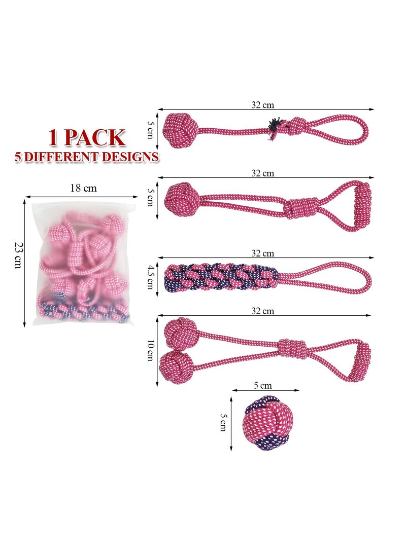 أن ان سي بيتس مجموعة ألعاب الكلاب، 5 حبال بتصميم مع عبوة واحدة، حبل بمقبض حلقي مع كرة، حبل قطني 100% لتنظيف الأسنان وصحة الفم والمضغ العدواني، لعبة شد الحبل للكلاب الصغيرة والمتوسطة، 32 سم (وردي) - Image 2