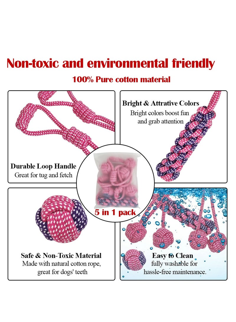 أن ان سي بيتس مجموعة ألعاب الكلاب، 5 حبال بتصميم مع عبوة واحدة، حبل بمقبض حلقي مع كرة، حبل قطني 100% لتنظيف الأسنان وصحة الفم والمضغ العدواني، لعبة شد الحبل للكلاب الصغيرة والمتوسطة، 32 سم (وردي) - Image 3