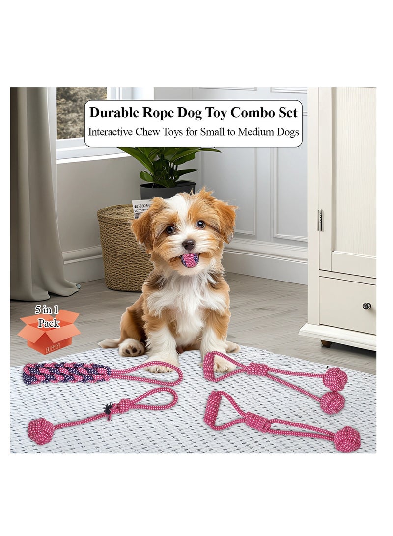 أن ان سي بيتس مجموعة ألعاب الكلاب، 5 حبال بتصميم مع عبوة واحدة، حبل بمقبض حلقي مع كرة، حبل قطني 100% لتنظيف الأسنان وصحة الفم والمضغ العدواني، لعبة شد الحبل للكلاب الصغيرة والمتوسطة، 32 سم (وردي) - Image 4