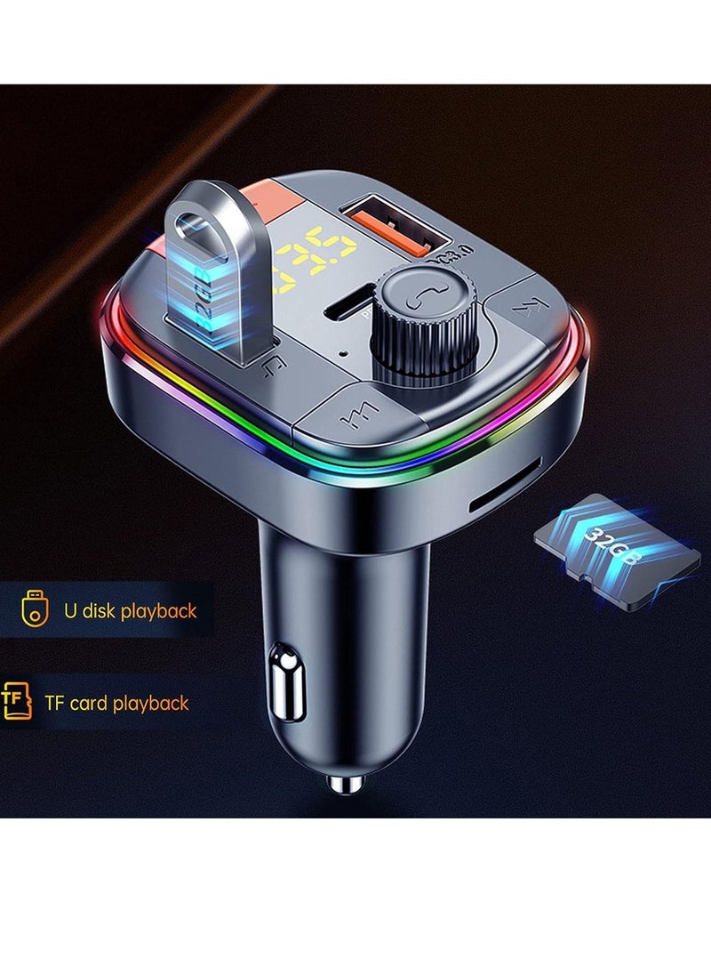 Raxoom Car FM Transmitter,Car Fast Charger Bluetooth 5.0 FM Transmitter QC 3.0 and Type C PD Functional Car Kit 2 USB Ports Support Hands-Free Calls,7Colorful LED Backlit,Support U Disk & TF Card (Black) - Image 4