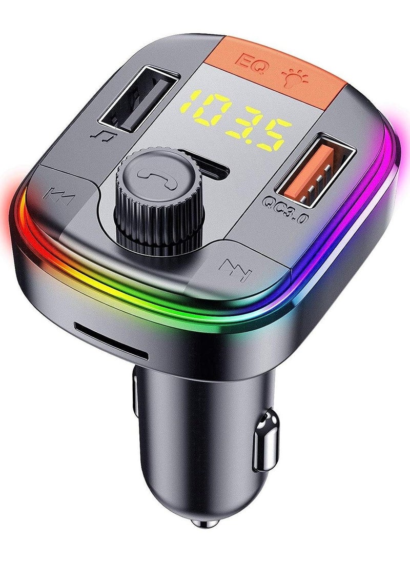 Raxoom Car FM Transmitter,Car Fast Charger Bluetooth 5.0 FM Transmitter QC 3.0 and Type C PD Functional Car Kit 2 USB Ports Support Hands-Free Calls,7Colorful LED Backlit,Support U Disk & TF Card (Black) - Image 1