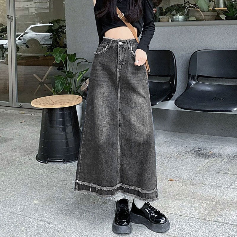 Thin Ins Style High Waist Denim Skirt Women'S Bag Hip A- Line Flesh Covering Straight Tube Mid-Length Black Grey Rust Design Half-Length Skirt - Image 2