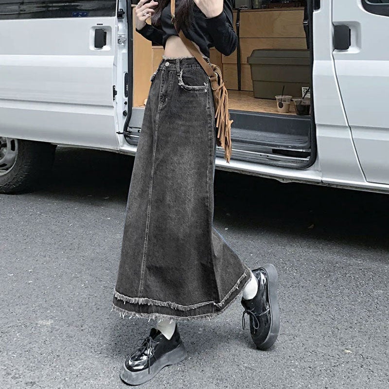 Thin Ins Style High Waist Denim Skirt Women'S Bag Hip A- Line Flesh Covering Straight Tube Mid-Length Black Grey Rust Design Half-Length Skirt - Image 5