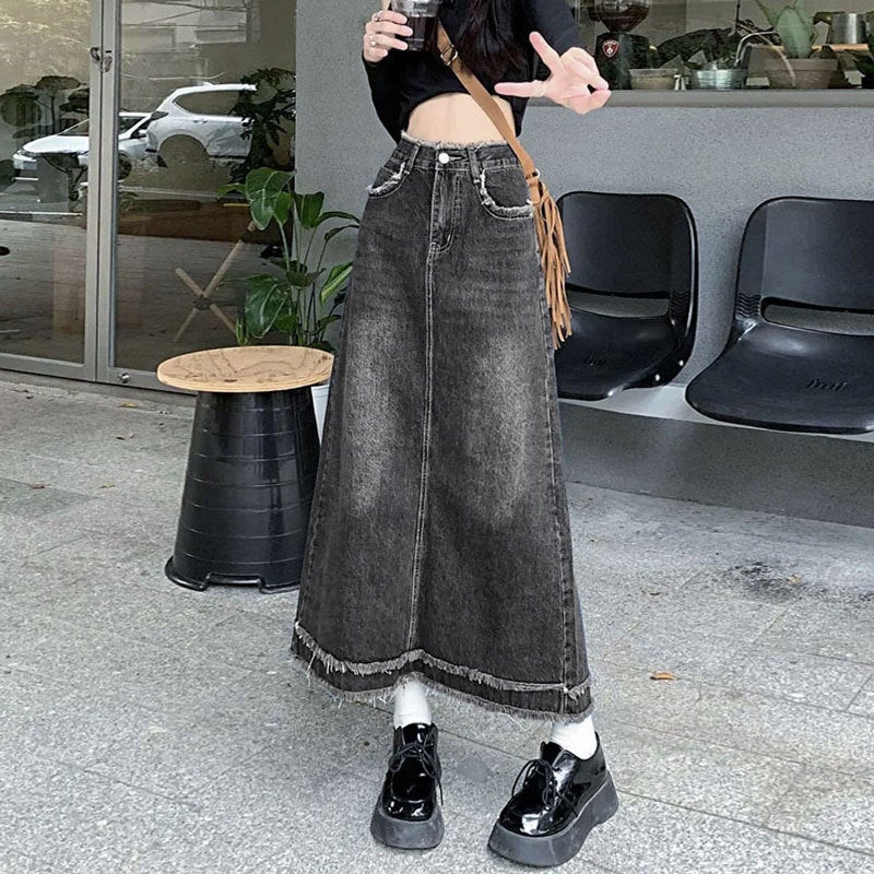 Thin Ins Style High Waist Denim Skirt Women'S Bag Hip A- Line Flesh Covering Straight Tube Mid-Length Black Grey Rust Design Half-Length Skirt - Image 3