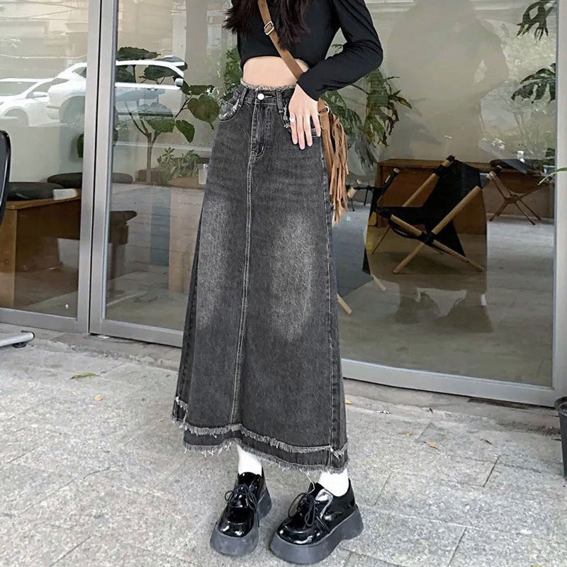 Thin Ins Style High Waist Denim Skirt Women'S Bag Hip A- Line Flesh Covering Straight Tube Mid-Length Black Grey Rust Design Half-Length Skirt - Image 4