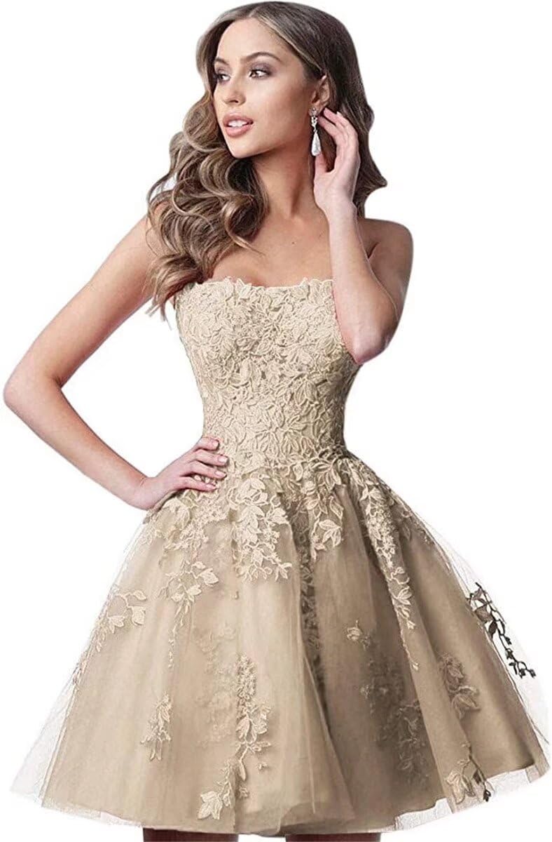 YWXYMGE Lace Homecoming Dresses Short A Line Strapless Formal Cocktail Party Gowns-Champagne-2 - Image 1