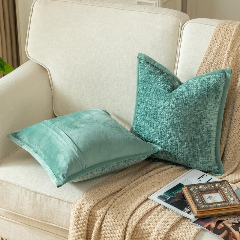 Yaertun Pack of 2 Chenille Textured Decorative Throw Pillow Covers Accent Solid Cushion Cover Soft Cozy Pillow Case with Velvet Back for Couch Sofa Bed Living Room 24x24 Inch Teal - Image 2