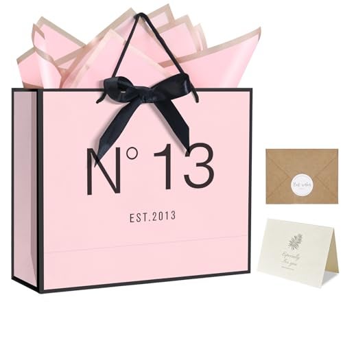 QLSKO 13" Birthday Gift Bag with Card Envelope Sticker Bow Ribbon and Tissue papers for Women Girls Design with Handles,13th-100th (EST.2013 13th, 13" W x 10.5" H x 4.3" D) - Image 1