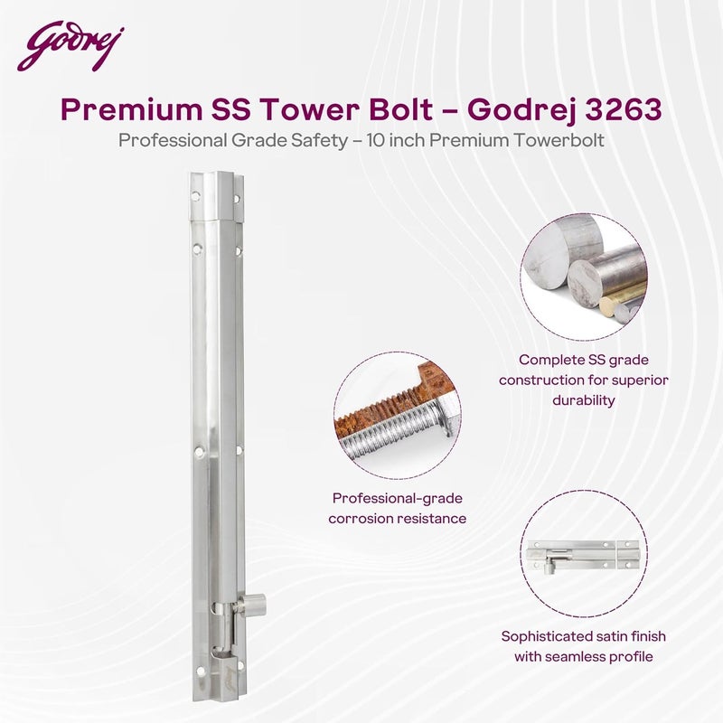 Godrej Locking Solutions and Systems Godrej Tower Bolt Suitable for Left Right Handed Inside Outside Opening Doors Size 10 Inch Stainless Steel Material Satin Finish Pack of 2  - Image 2