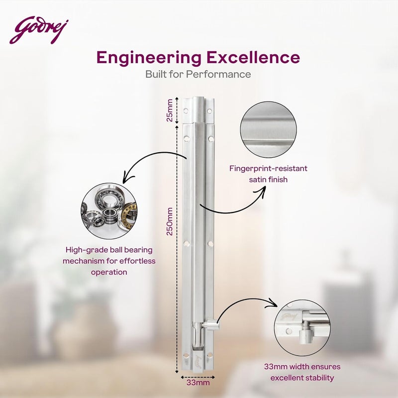 Godrej Locking Solutions and Systems Godrej Tower Bolt Suitable for Left Right Handed Inside Outside Opening Doors Size 10 Inch Stainless Steel Material Satin Finish Pack of 2  - Image 3