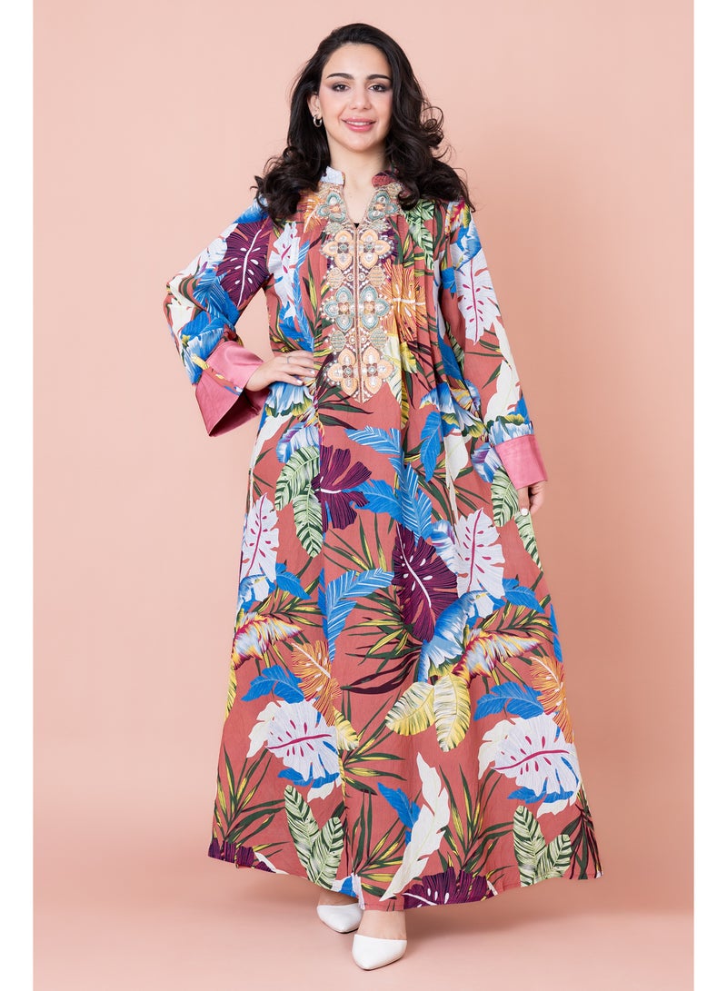 اكسا جلابية مطرزة نقوش براعم زهور - Image 1