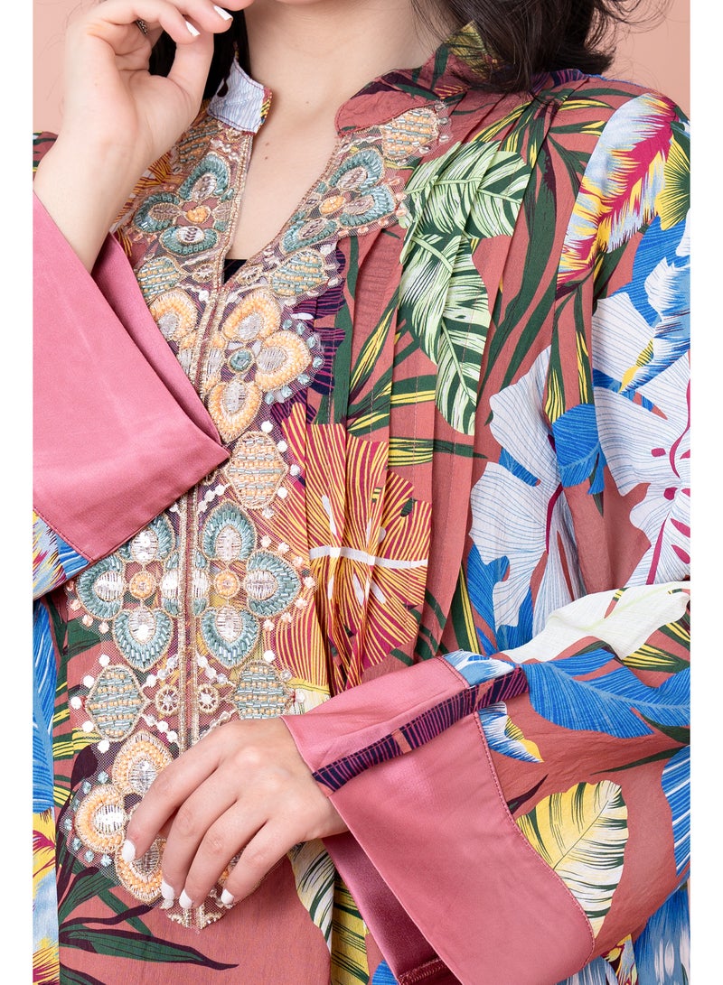 اكسا جلابية مطرزة نقوش براعم زهور - Image 4