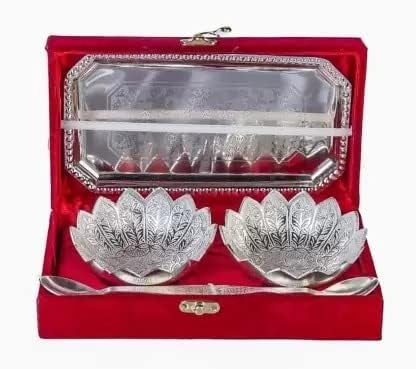 RKONECT RKONECT Lotus Silver Bowl SetWedding Gift Bowl Set with Royal Looking Velvet Box Pack Ideal for Used Dry Fruit Desert and Serving Set Tray Set of 5 Piece Floral Silver  - Image 3