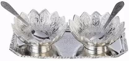 RKONECT RKONECT Lotus Silver Bowl SetWedding Gift Bowl Set with Royal Looking Velvet Box Pack Ideal for Used Dry Fruit Desert and Serving Set Tray Set of 5 Piece Floral Silver  - Image 1