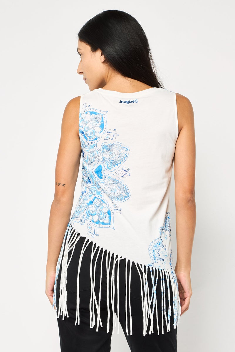 DESIGUAL Women U Neck Floral Print Sleeveless Top, White - Image 4