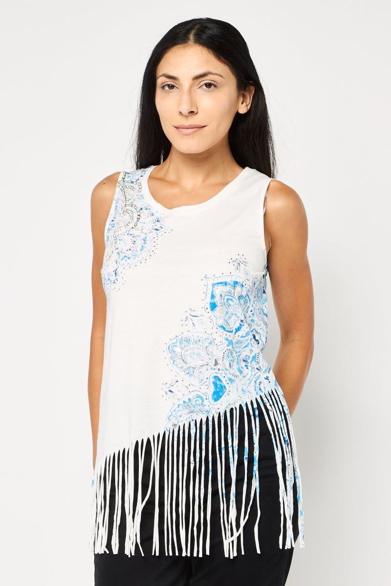 DESIGUAL Women U Neck Floral Print Sleeveless Top, White - Image 1