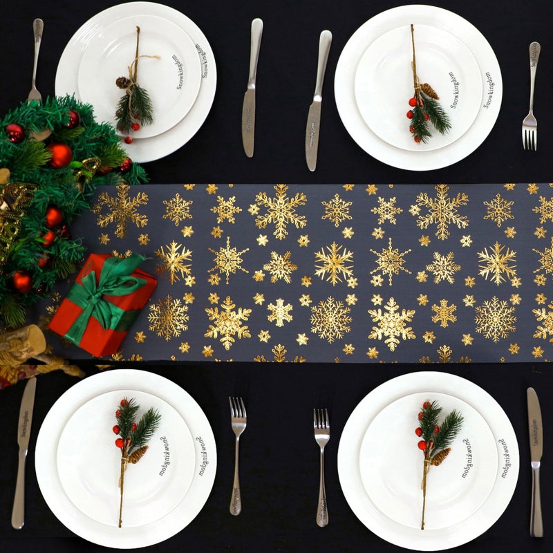 Snowkingdom 2 Pcs Christmas Snowflake Gold Table Runner, 108 Inch Sparkly Gold Glitter Metallic Foil Runners Decorations for Seasonal Winter Festival Holiday Home Party - Image 3