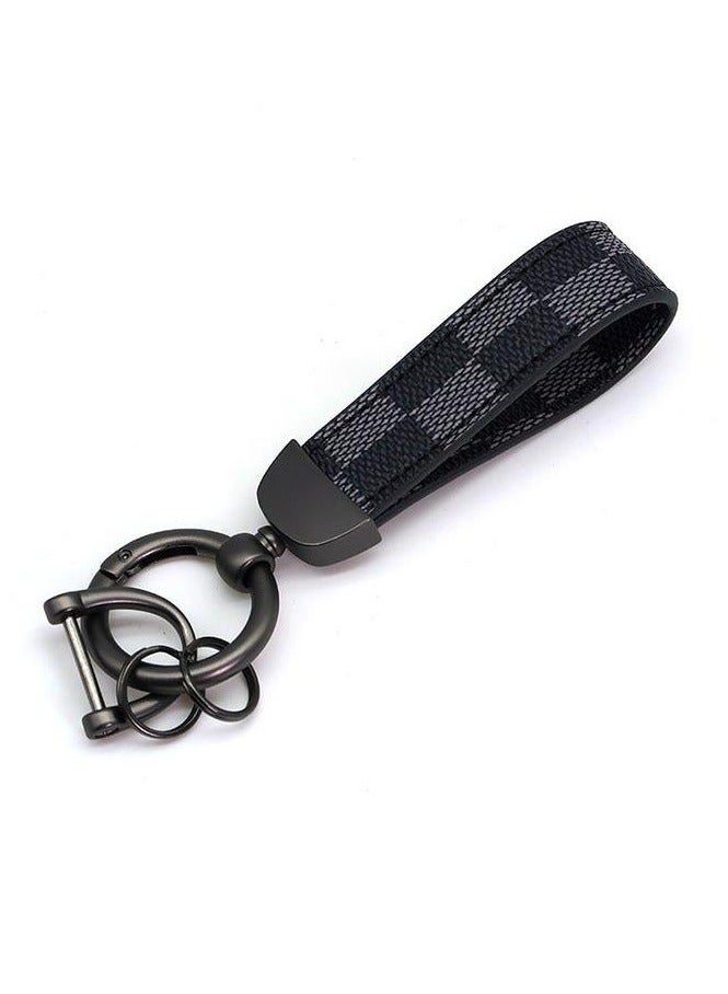 Gray Plaid PU Leather Car Keychain – Metal Zinc Alloy 360° Rotating Ring, Universal Key Holder for Car/Home/Bag, Wrist Strap with Screwdriver – Stylish Grid Design - Image 2