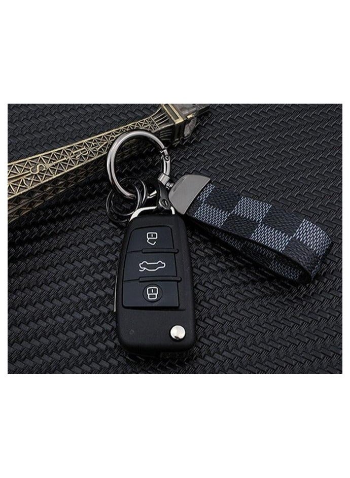 Gray Plaid PU Leather Car Keychain – Metal Zinc Alloy 360° Rotating Ring, Universal Key Holder for Car/Home/Bag, Wrist Strap with Screwdriver – Stylish Grid Design - Image 3
