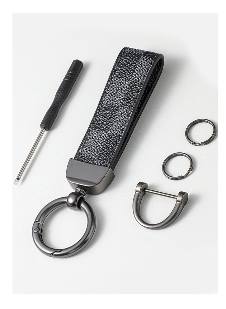 Gray Plaid PU Leather Car Keychain – Metal Zinc Alloy 360° Rotating Ring, Universal Key Holder for Car/Home/Bag, Wrist Strap with Screwdriver – Stylish Grid Design - Image 1