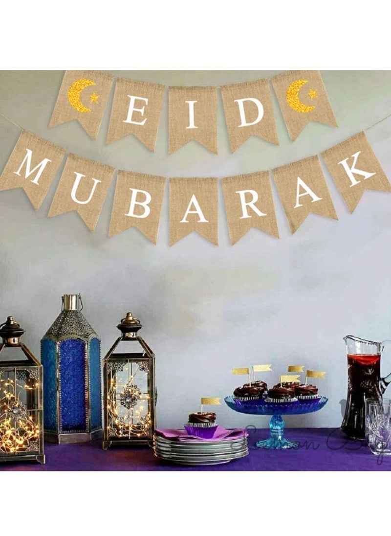 Party Propz Party Propz Eid Mubarak Decoration - Jute Burlap Banner with Moon and Star  - Image 5