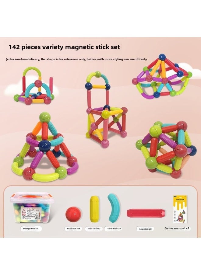 100-in-1 Magnetic Rods Building Blocks Set Educational Toys For Children Magnetic Puzzle Pieces Brain Teaser Toys-Color:Large Magnetic Bar -142 Piece Set [upgrade Strong Magnetic + 3C Certification + Storage Box]] - Image 1