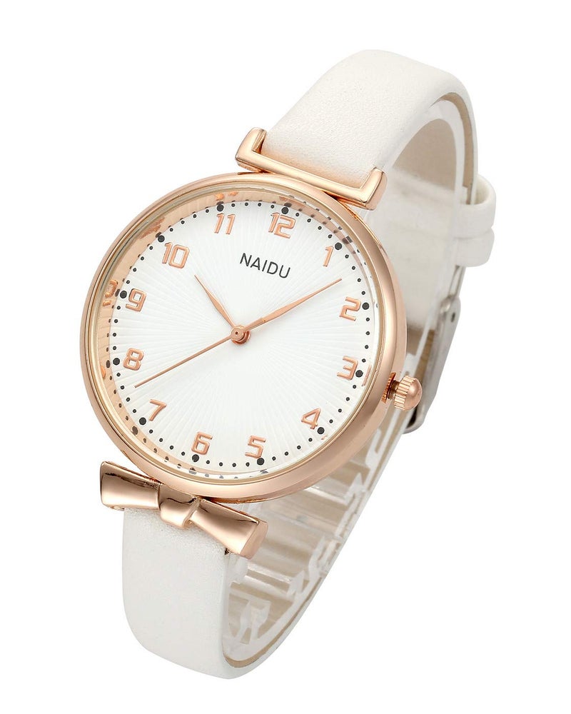 Top Plaza Womens Ladies Classic Simple Leather Analog Quartz Wrist Watch Rose Gold Case Arabic Numerals Casual Dress Watches(White) - Image 1