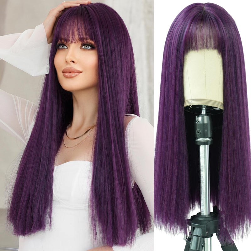 7JHH WIGS Dark Purple Wig With Bang For Women 23in Long Straight Synthetic Wig For Girl Emo Cosplay And Daily Use - Image 4