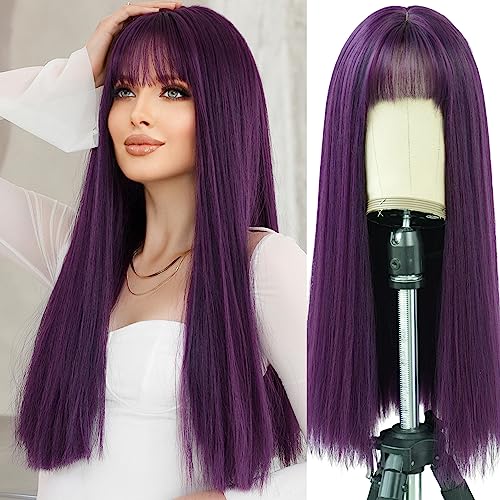 7JHH WIGS Dark Purple Wig With Bang For Women 23in Long Straight Synthetic Wig For Girl Emo Cosplay And Daily Use - Image 1