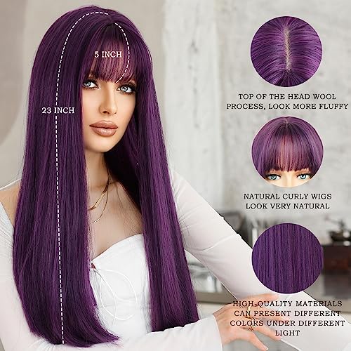 7JHH WIGS Dark Purple Wig With Bang For Women 23in Long Straight Synthetic Wig For Girl Emo Cosplay And Daily Use - Image 3