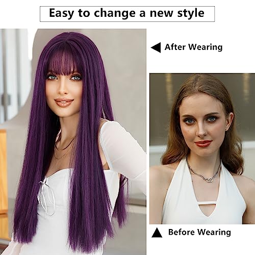 7JHH WIGS Dark Purple Wig With Bang For Women 23in Long Straight Synthetic Wig For Girl Emo Cosplay And Daily Use - Image 2