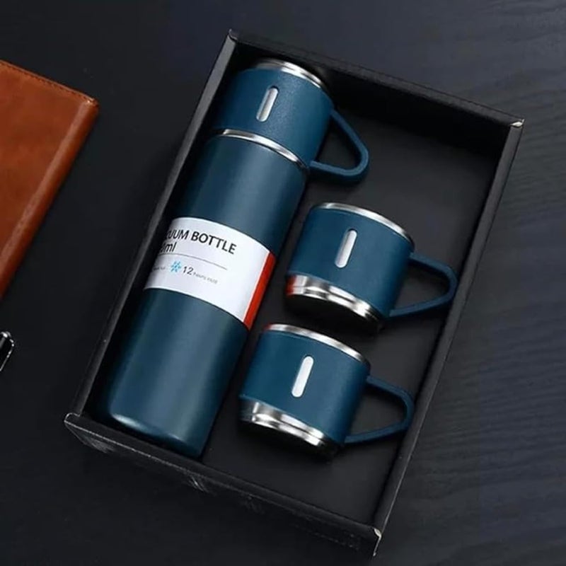 coku Coku Vacuum Flask Set with 2 Cups Water Bottle 12 Hrs Hot Cold Leakproof Rustproof Double Wall Steel Thermo Bottle Insulated Couple Cups Flask Gift Set with 3 Steel Mugs Random Color - Image 2